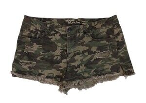 Hippy Laundry Camo High Low Shortie Shorts Size 13 Stretch Destroyed #1630